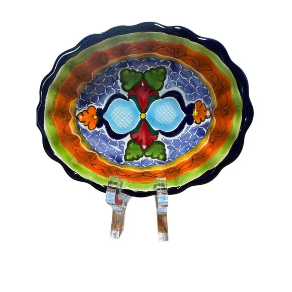 Hand-Painted Mexican Talavera Oval Dish Set Of 2 - Blue & Red Floral Design 5.5" - Picture 12 of 16